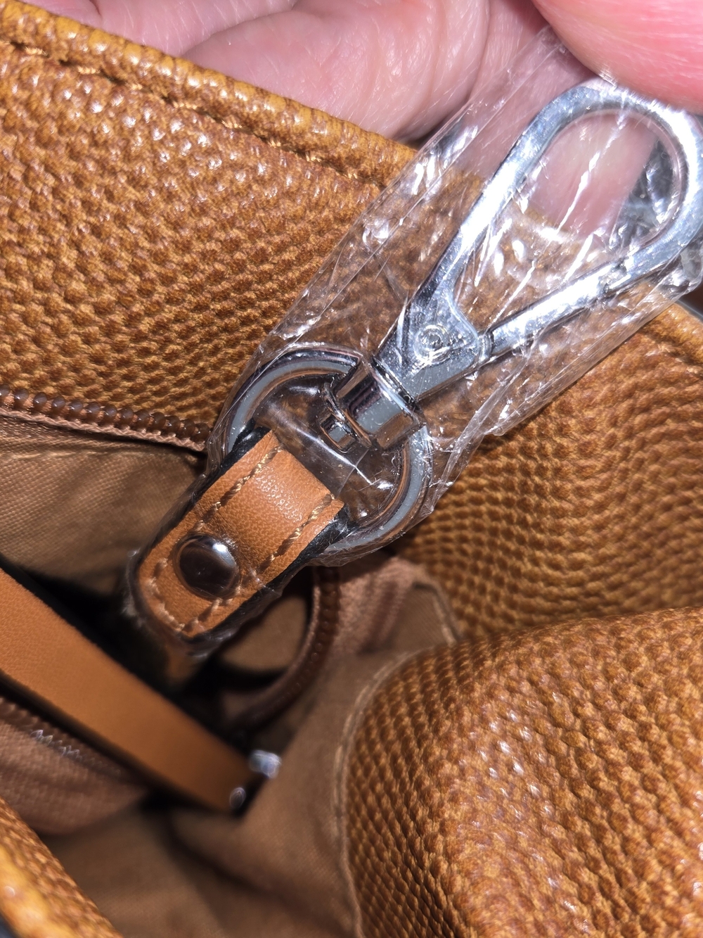 Tan Faux Leather Slouchy Hobo Shoulder Bag with Textured Leather Trim Tote 12x12 - Picture 11 of 16